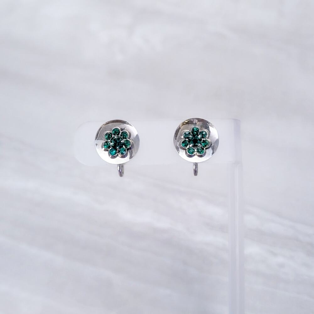 Vintage Screw On Screw Back Earrings Silver Tone Circle with Green Gems
